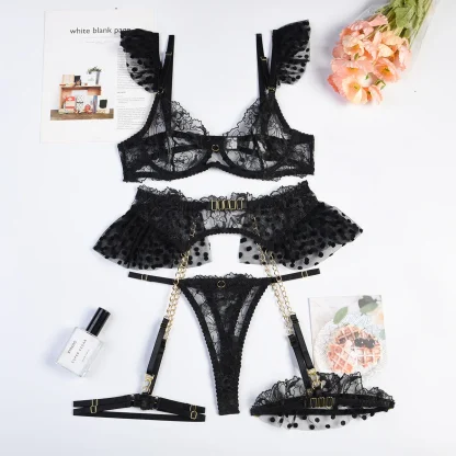 Sensual Polka Dots Ruffle Garter Belts Set - Image 5
