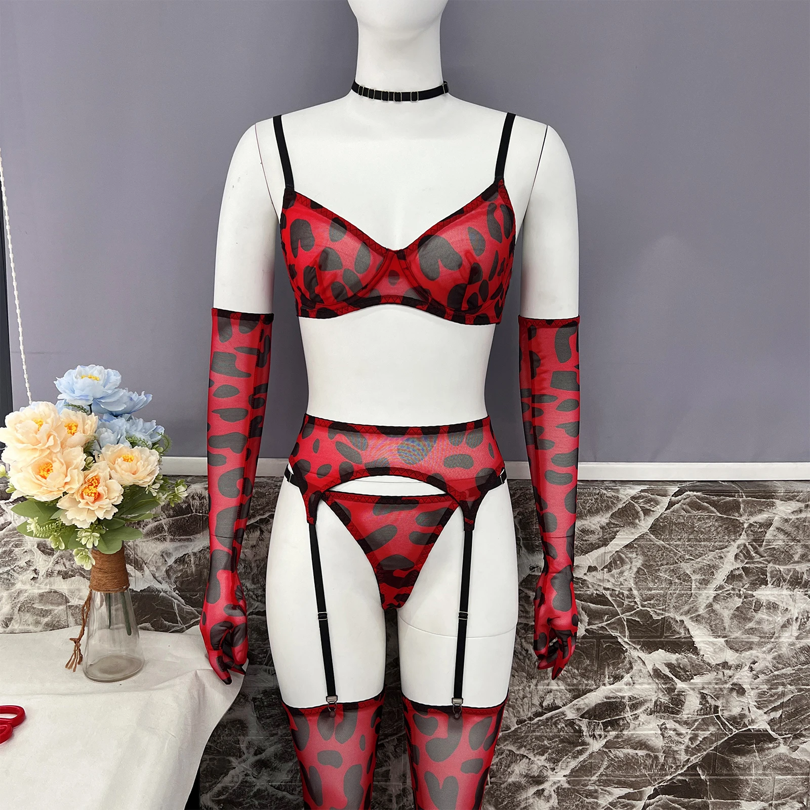 Leopard Printed Mesh with Contrast Scalloped Lace Bralette, Garter Skirt, and G-string Set
