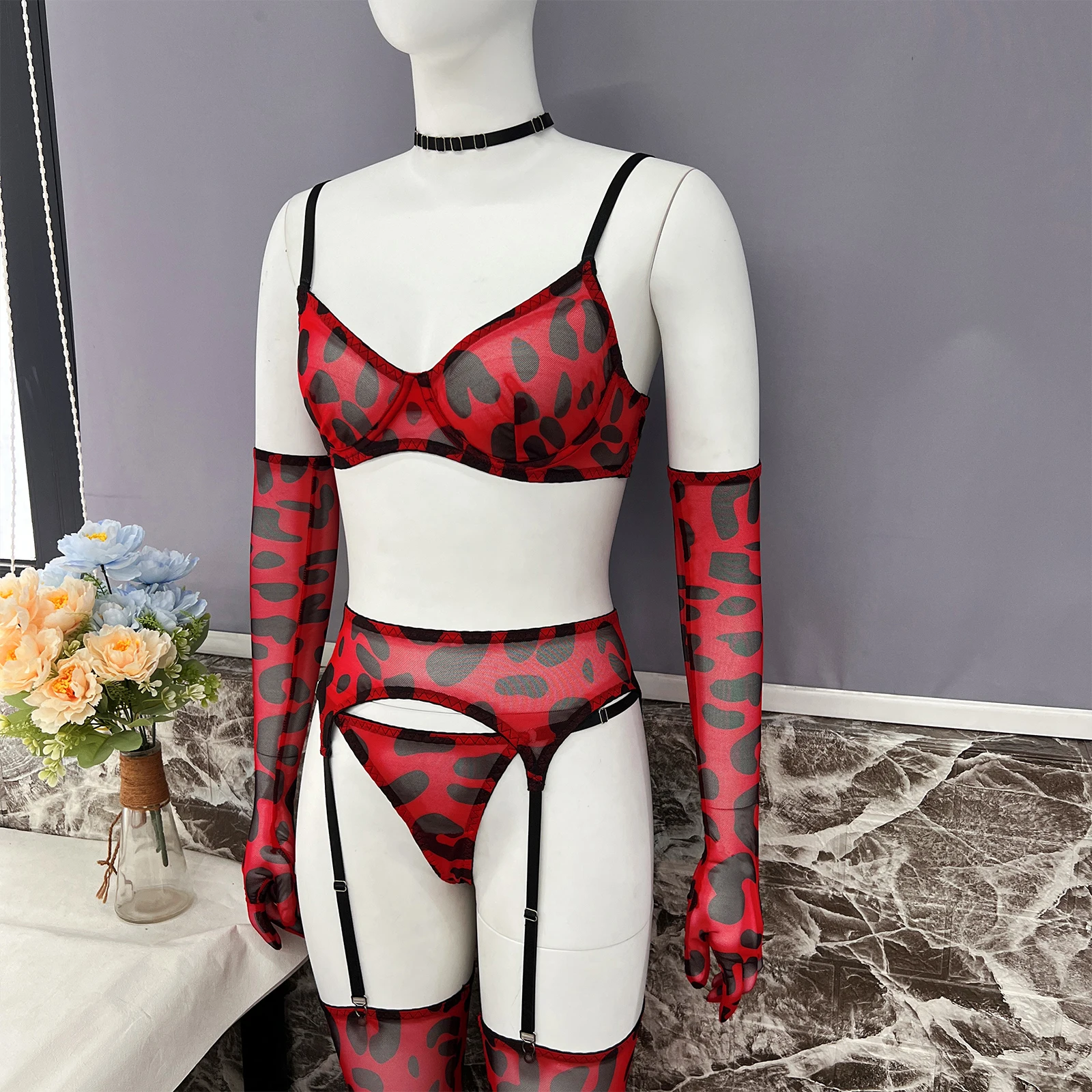 Satin & Lace Underwire Bra, Garterbelt & Panty Leopard 3x-4x main image 1