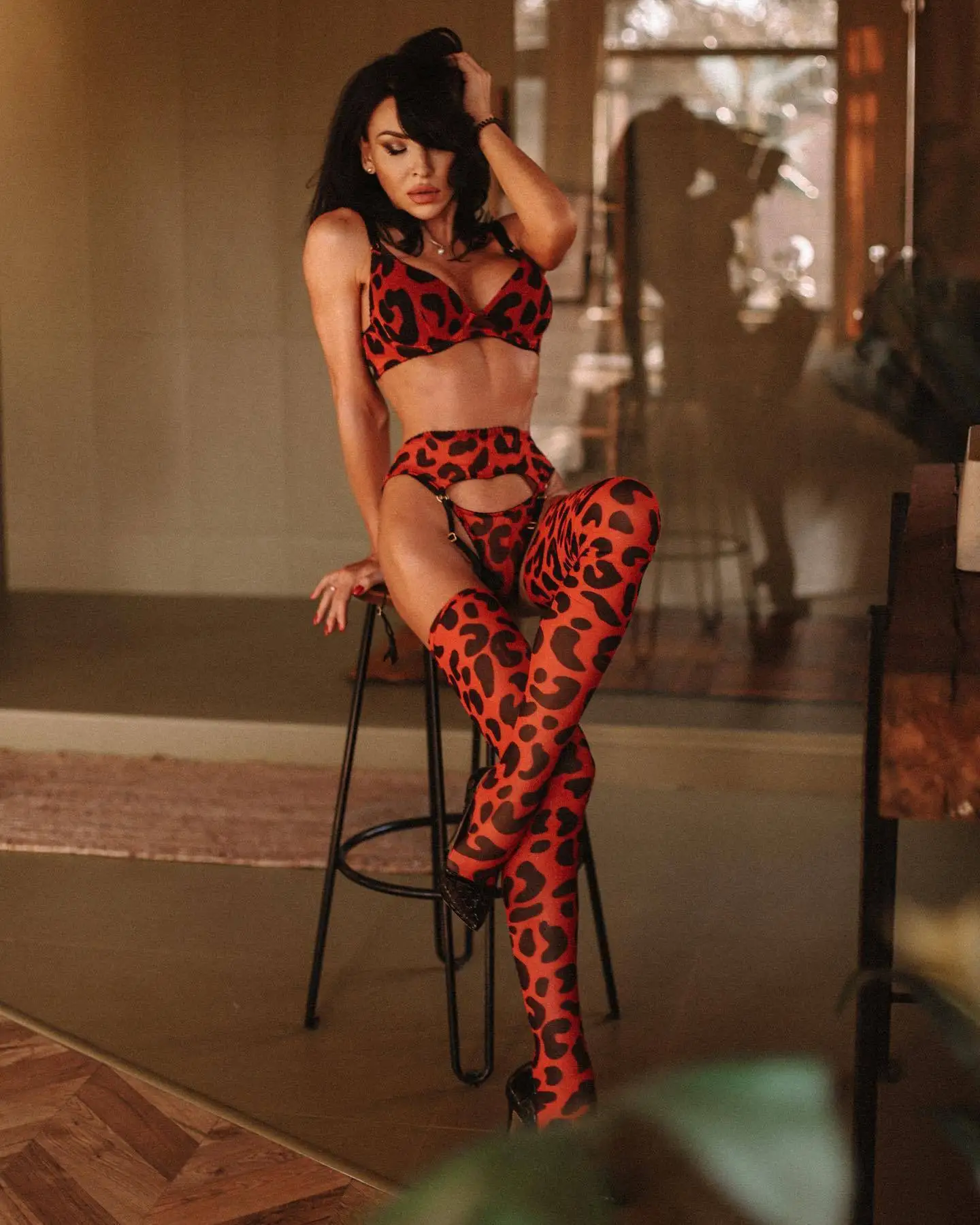 Three Piece Sheer Velvet Leopard Bra & Garter Set main image 1